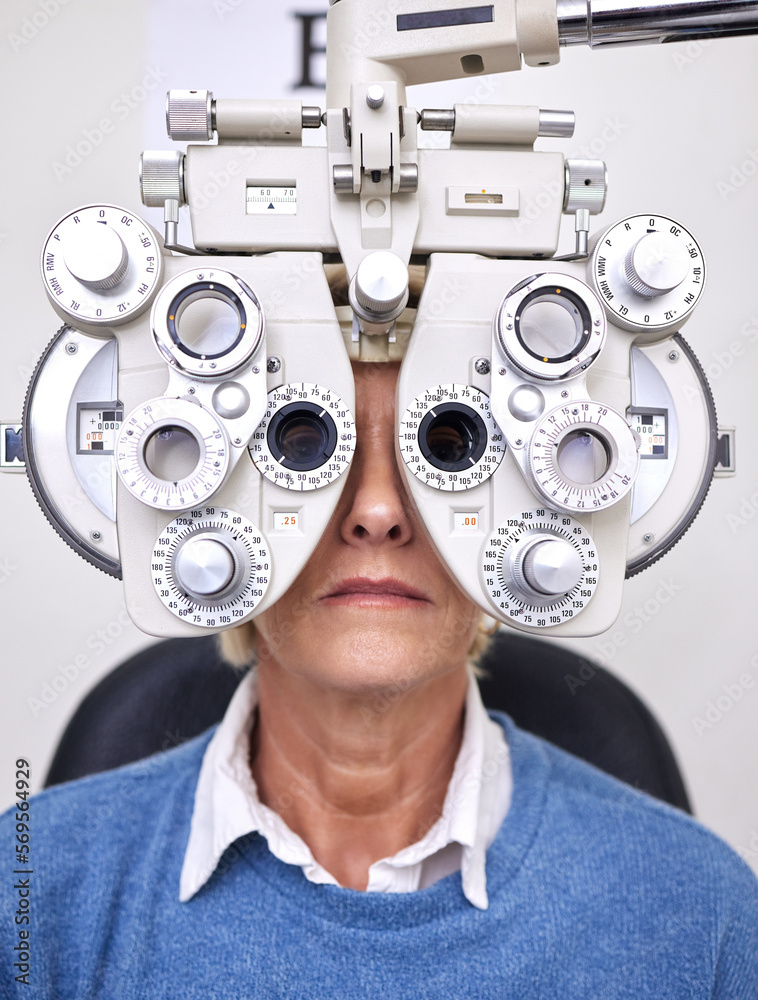 Sticker senior woman patient, eye test and phoropter in hospital, optometrist office or clinic for vision he