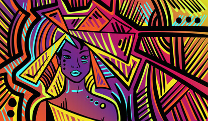 Fototapeta na wymiar Colourful psychedelic line art with abstract woman.