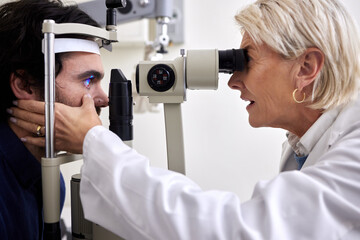Man, eye exam or test with patient and doctor at optometry consultation for lens or frame for...