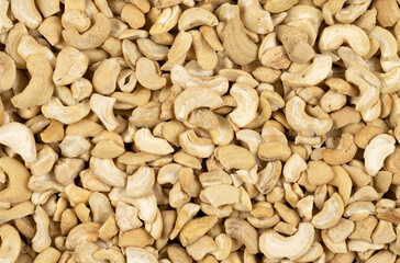 Close up of cashew nut halves. Top view.