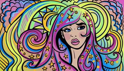 Colourful psychedelic line art with abstract woman.