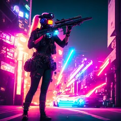 sci fi futuristic woman in suit battle fight scene with neon light , generative art by A.I.