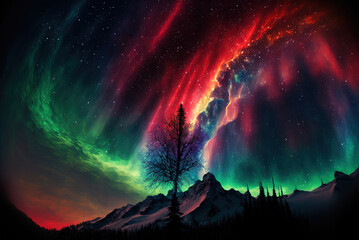 Aurora borealis, illustration, over a Nordic forest. Ai generated