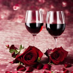 Glasses of red wine and red roses. Perfect for romance. 