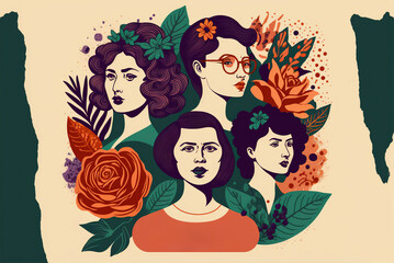 Illustration of a poster with portraits of famous and empowered women, feminism. Ai generated