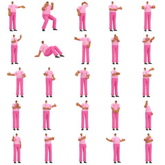 The black man with pink clothes is expression of body or doing exercise. 3d rendering of cartoon character in acting.