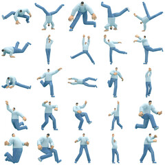 Fototapeta na wymiar The man wearing jeans and long shirt is expression of body or doing exercise. 3d rendering of cartoon character in acting.