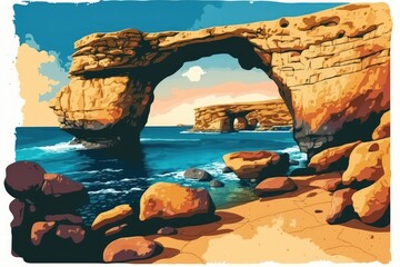 Amazing Azure Window, a well known stone arch on the island of Gozo, Dwejra. Malta. Generative AI