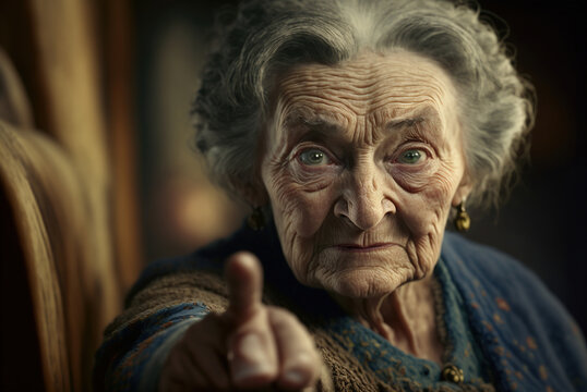 Portrait of an elderly woman pointing her finger to the front. Ai generated