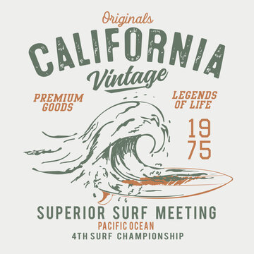Vector illustration on the theme of surf and surfing in Hawaii.  Vintage design. Grunge background.  Typography, t-shirt graphics, poster, banner, flyer, print, postcard
