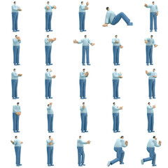 The man   wearing jeans and  long shirt is expression of body or doing exercise. 3d rendering of cartoon character in acting.