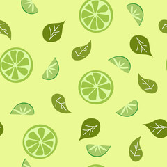 Seamless pattern with lime on light green background. Cartoon tropical illustration. Vector background, wallpaper, backdrop. Bright seamless pattern. Plant floral design.