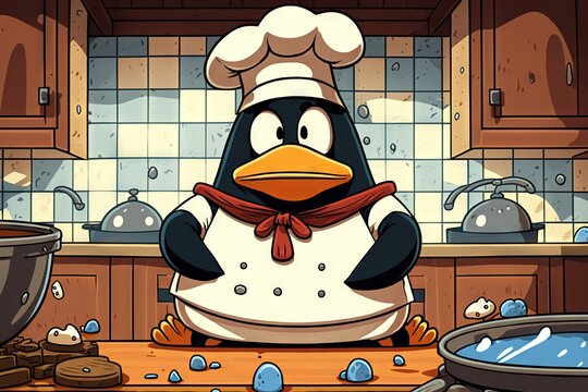  a cartoon penguin wearing a chef's hat in a kitchen with a pot of water and a pan of cookies on the counter top. Generative AI
