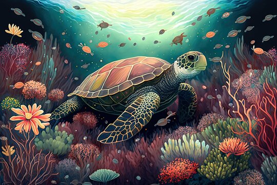  a painting of a turtle swimming in a sea with corals and other sea life around it, with a bright light shining on the top of the picture. Generative AI