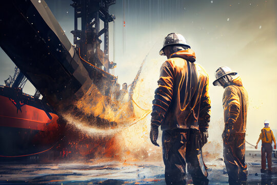 Elimination of an emergency situation at an oil producing station. Workers in protective uniforms work on an offshore oil rig