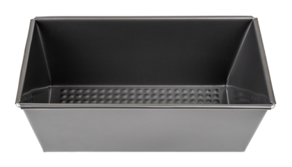 Non-stick loaf pan cutout. Empty baking tray isolated on a white background. Rectangular bread pan for oven. Baking dish concept. Metal mold for homebaked bread, cake, pate, casserole.