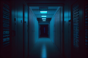 Corridor with servers ,digital illustration generative AI.