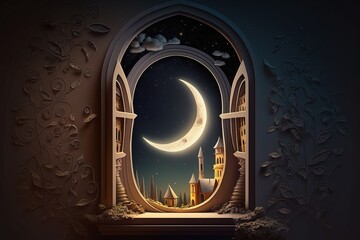 Fototapeta na wymiar illustration of amazing architecture window with night and crescent view, Generative AI