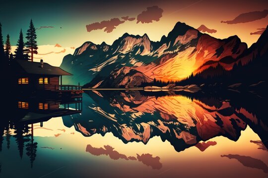 Amazing sunset views of the lake. reflection in a mirror. beautiful and dramatic scene. Location resort Grundlsee in the Austrian Alps' Liezen District of Styria. Generative AI