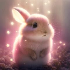 the happy and friendly cute bunny rabbit, big eyes, soft fluffy pink fur with light shining through, easter elements - obrazy, fototapety, plakaty