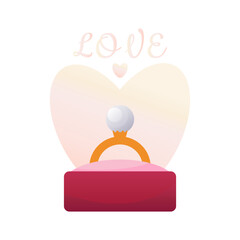Gold ring with pearls in red box on romantic background. Greeting card with declaration of love. Fashionable pearl jewelry. Precious jewelry concept. Gift to woman. Vector illustration