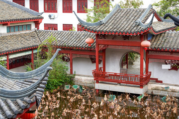 Chinese traditional classical lotus pond garden and architectural landscape