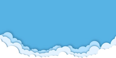  Sky paper cut picture with blue and white clouds blue sky background paper cut clouds border simple cartoon design banner poster flyer illustration