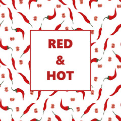 Card for menu on seamless pattern with red chili pepper on a white background. Square composition. Vector background.