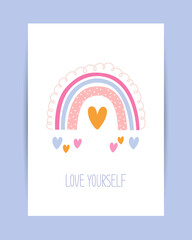 Vector illustration with cute rainbow and lettering love yourself