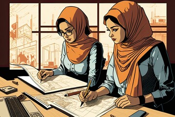 Fototapeta na wymiar Two women in hijabs are architects in the office. Architectural drawings on the table. Illustration. Generative AI