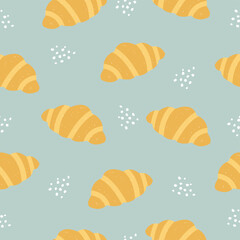 Vector hand drawn seamless cute pattern with croissants. Delicious pattern. Kawaii.	