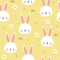 Happy easter pattern. Vector hand drawn seamless pattern with easter bunnies and flowers in doodle style. Bright pattern. Print for textiles, clothes, wallpaper, gift paper.