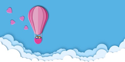 Obraz premium Pink balloon valentine’s day couple pink heart shape sky paper cut picture with white clouds and blue sky background paper cut cloud border simple banner poster flyer illustration