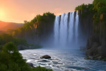 Beautiful waterfall in the forest, evening sunset. AI generated.
