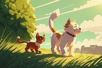 a sweet puppy and cat strolling on lush grass in the summer sun. Generative AI