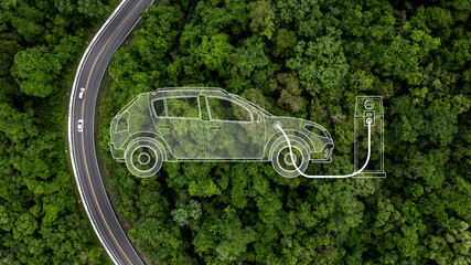 Eco car on forest road with earth planet going through forest, Ecosystem ecology healthy...