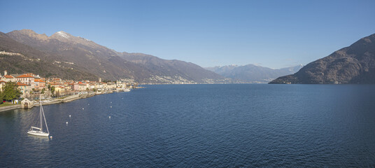 Extra wide high angle view of the lakefront of Cannobio and Lake Maggiore