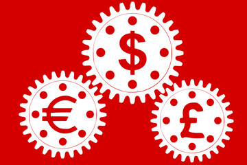 Vector concept, money makes the world go round. A gear mechanism with dollar, euro and pound sterling currency signs	
