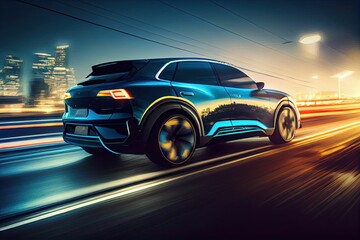 Plakat illustration of Electric SUV driving in urban,generative ai content by Midjourney