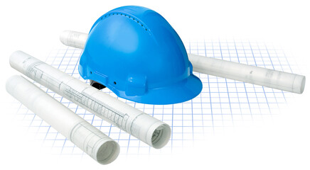 Construction concept, building drawing blueprints grid and hard hat isolated