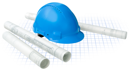 Construction concept, building drawing blueprints grid and hard hat isolated