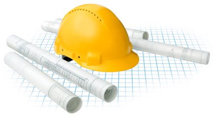 Construction concept, building drawing blueprints grid and yellow hard hat isolated