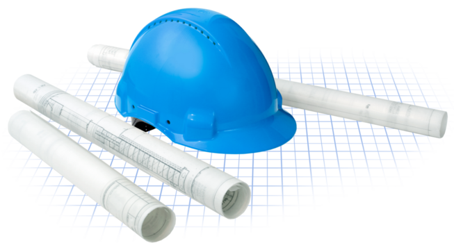 Construction concept, building drawing blueprints grid and hard hat isolated