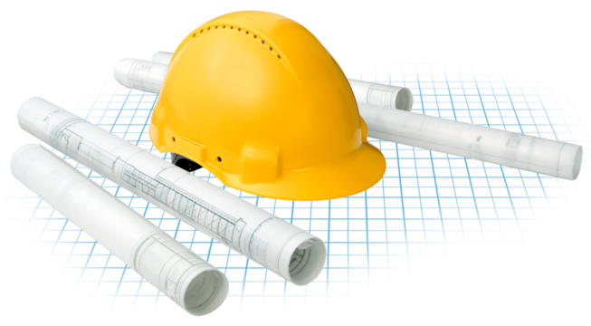 Construction concept, building drawing blueprints grid and yellow hard hat isolated - Powered by Adobe