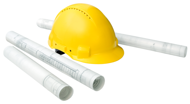 Construction concept, building drawing blueprints and hard hat isolated