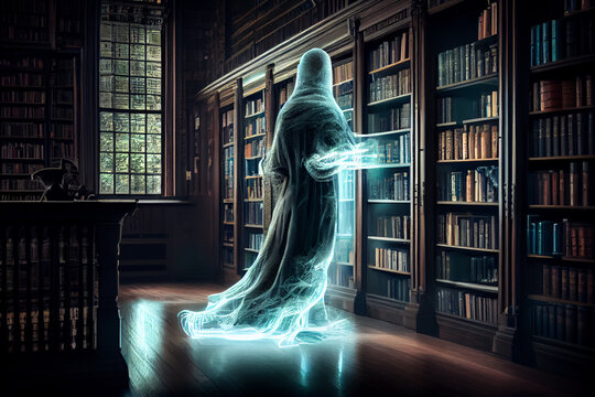 Library ghost. A lonely ghost girl stands in an old abandoned house lonesome and sad with a book in her hands. Horror. Halloween.