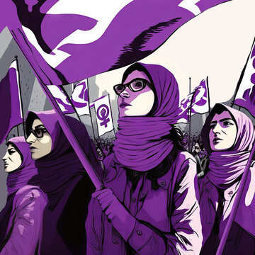 Women in hijabs with flags on demonstration