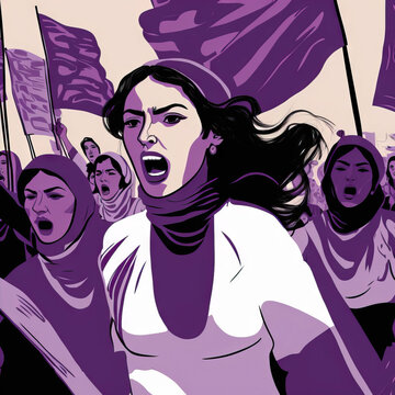 Women in hijabs with flags on demonstration