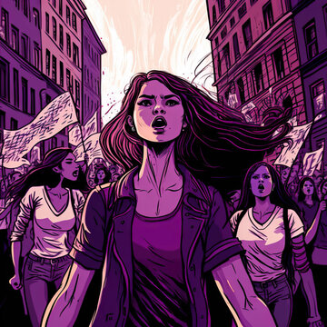 Screaming women on strike with placards