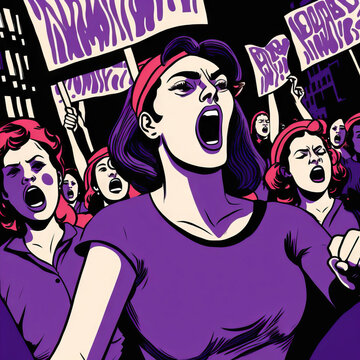 Screaming women on strike with placards